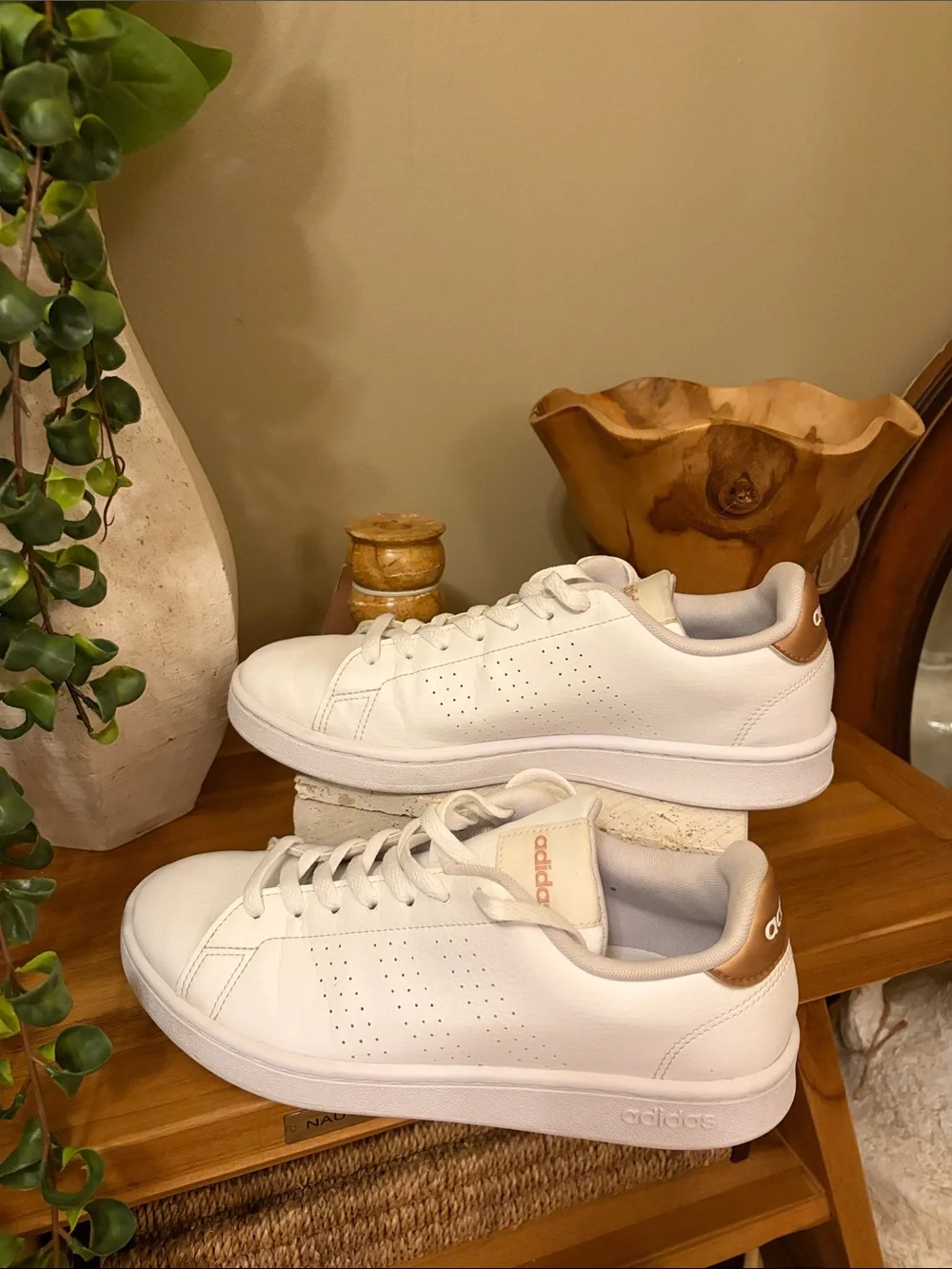 adidas White Leather Low-Top Sneakers with Gold Logo Accents
